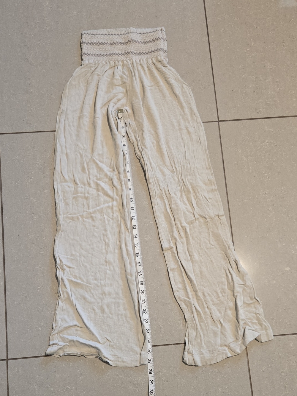 Lightweight Cream Smocked Waist Wide-Leg Pants